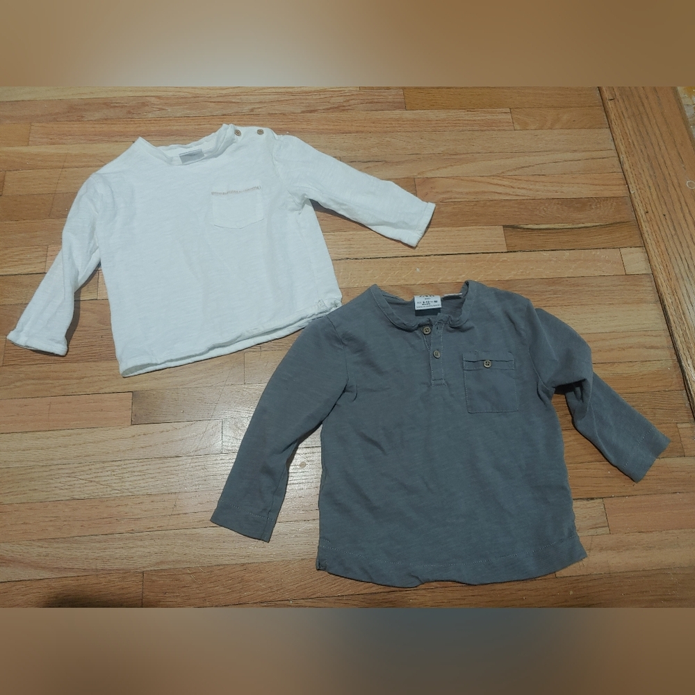 Zara Kids Boy Long Sleeve Shirt Set - White and Gray / 9-12 Month / Set Of 2